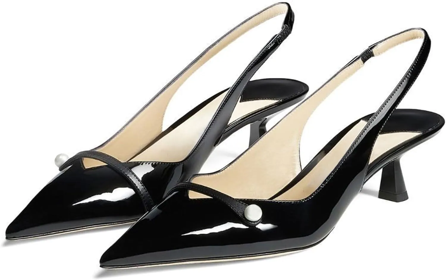 Women's Kitten Heel Pointed Toe Slingback Shoes Comfort Low Heel Slip On Patent/Embossed Leather Dress Pumps Fashion Pearl Party Casual Work Slingback Heels for Women