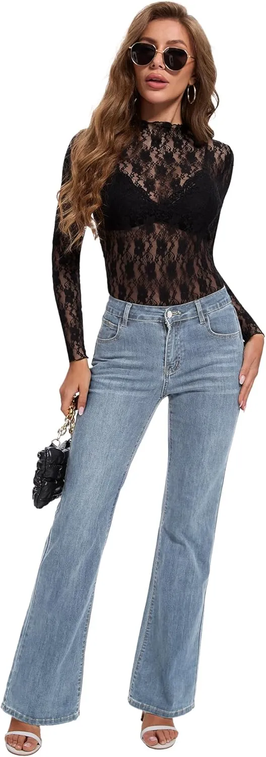 Womens Lace Mesh Long Sleeve Top Floral Sheer See Through Sexy Tops Mock Neck Shirts Party Club Night Blouses