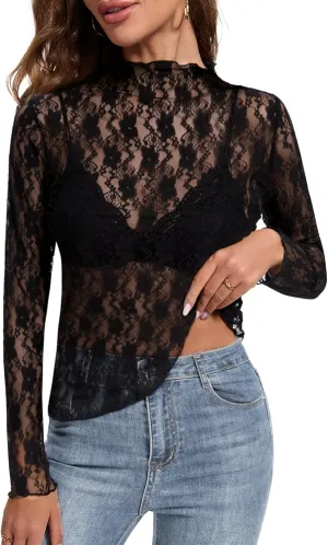 Womens Lace Mesh Long Sleeve Top Floral Sheer See Through Sexy Tops Mock Neck Shirts Party Club Night Blouses