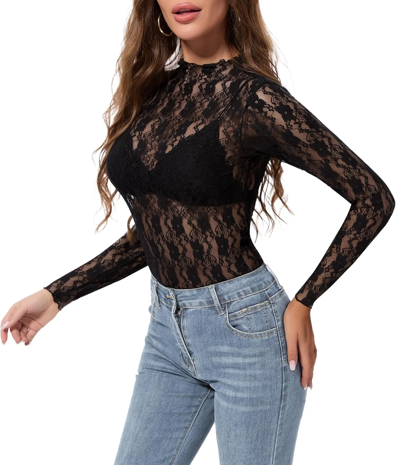 Womens Lace Mesh Long Sleeve Top Floral Sheer See Through Sexy Tops Mock Neck Shirts Party Club Night Blouses