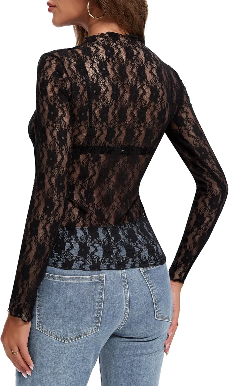 Womens Lace Mesh Long Sleeve Top Floral Sheer See Through Sexy Tops Mock Neck Shirts Party Club Night Blouses