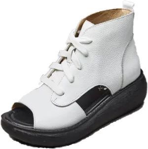 Women's Leather Hollow Out High Top Platform Roman Sandals Lace Up Chunky Wedge Fish Mouth Gladiator Sandals Summer Comfortable Soft Sole Anti Slip Open Toe Boot Sandals