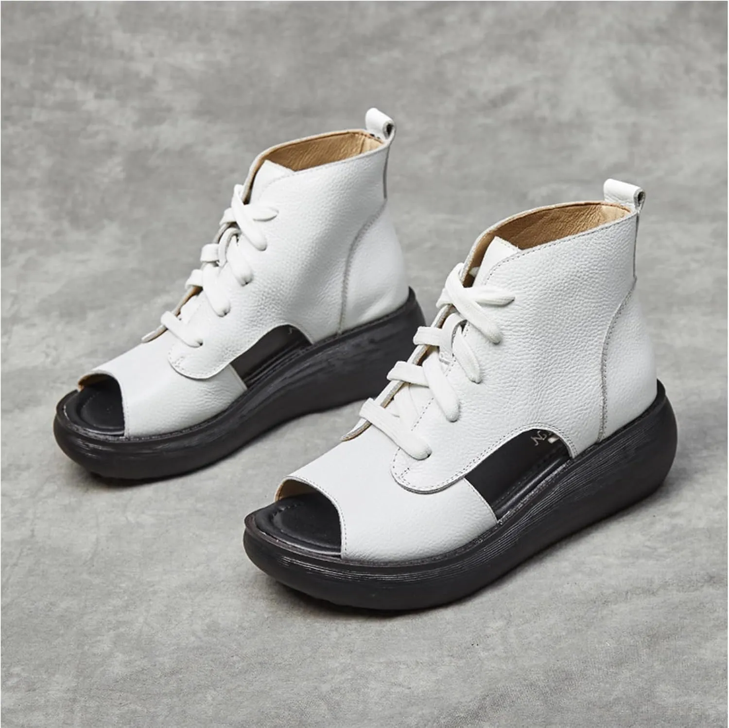 Women's Leather Hollow Out High Top Platform Roman Sandals Lace Up Chunky Wedge Fish Mouth Gladiator Sandals Summer Comfortable Soft Sole Anti Slip Open Toe Boot Sandals