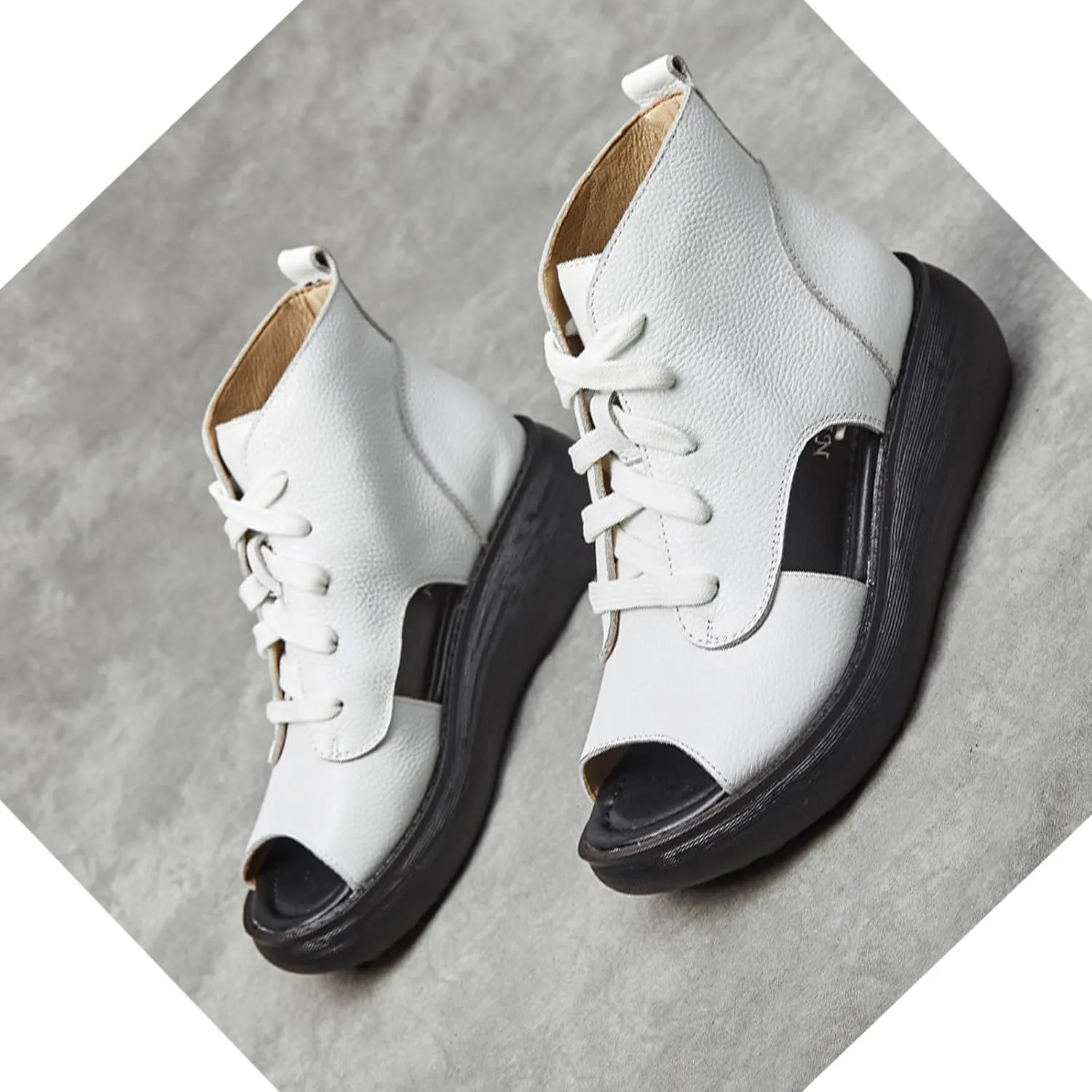 Women's Leather Hollow Out High Top Platform Roman Sandals Lace Up Chunky Wedge Fish Mouth Gladiator Sandals Summer Comfortable Soft Sole Anti Slip Open Toe Boot Sandals