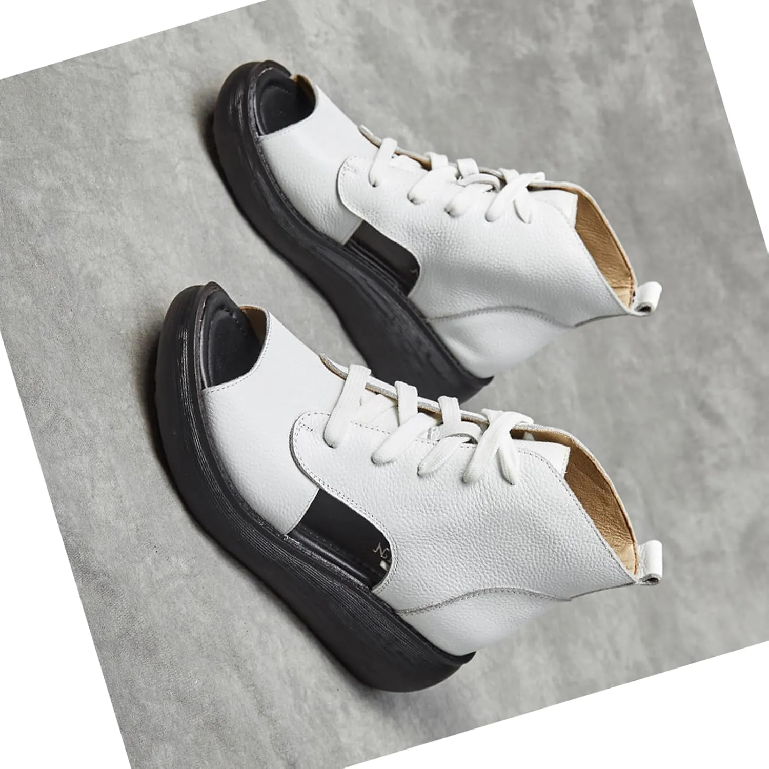 Women's Leather Hollow Out High Top Platform Roman Sandals Lace Up Chunky Wedge Fish Mouth Gladiator Sandals Summer Comfortable Soft Sole Anti Slip Open Toe Boot Sandals