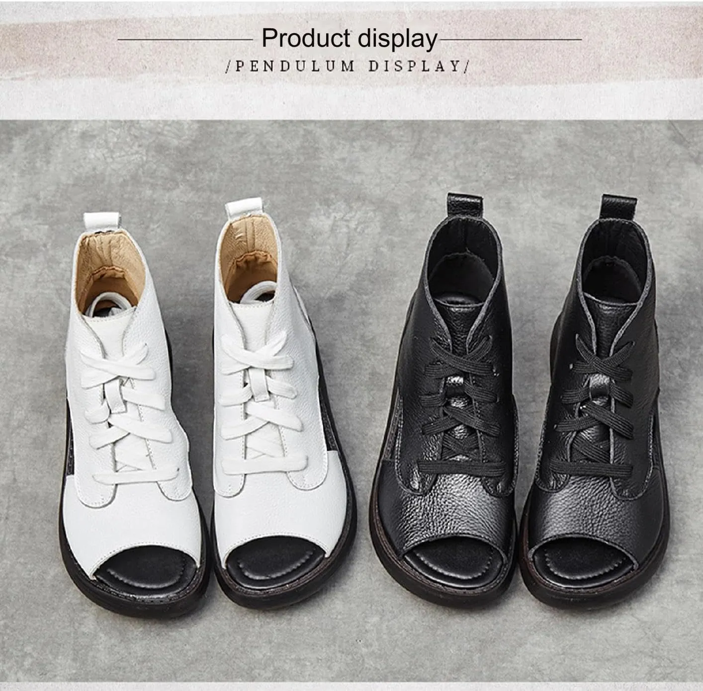 Women's Leather Hollow Out High Top Platform Roman Sandals Lace Up Chunky Wedge Fish Mouth Gladiator Sandals Summer Comfortable Soft Sole Anti Slip Open Toe Boot Sandals