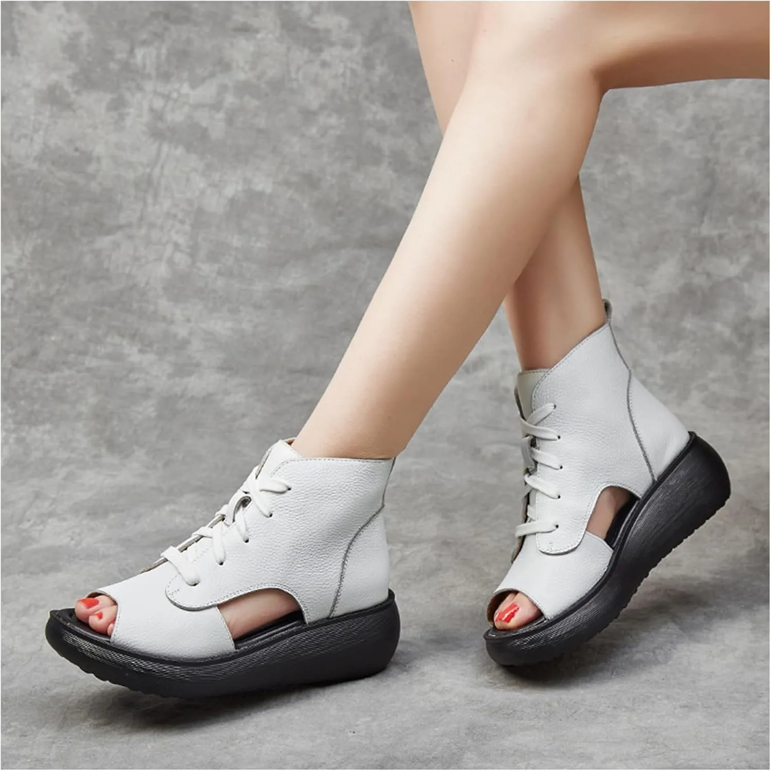 Women's Leather Hollow Out High Top Platform Roman Sandals Lace Up Chunky Wedge Fish Mouth Gladiator Sandals Summer Comfortable Soft Sole Anti Slip Open Toe Boot Sandals