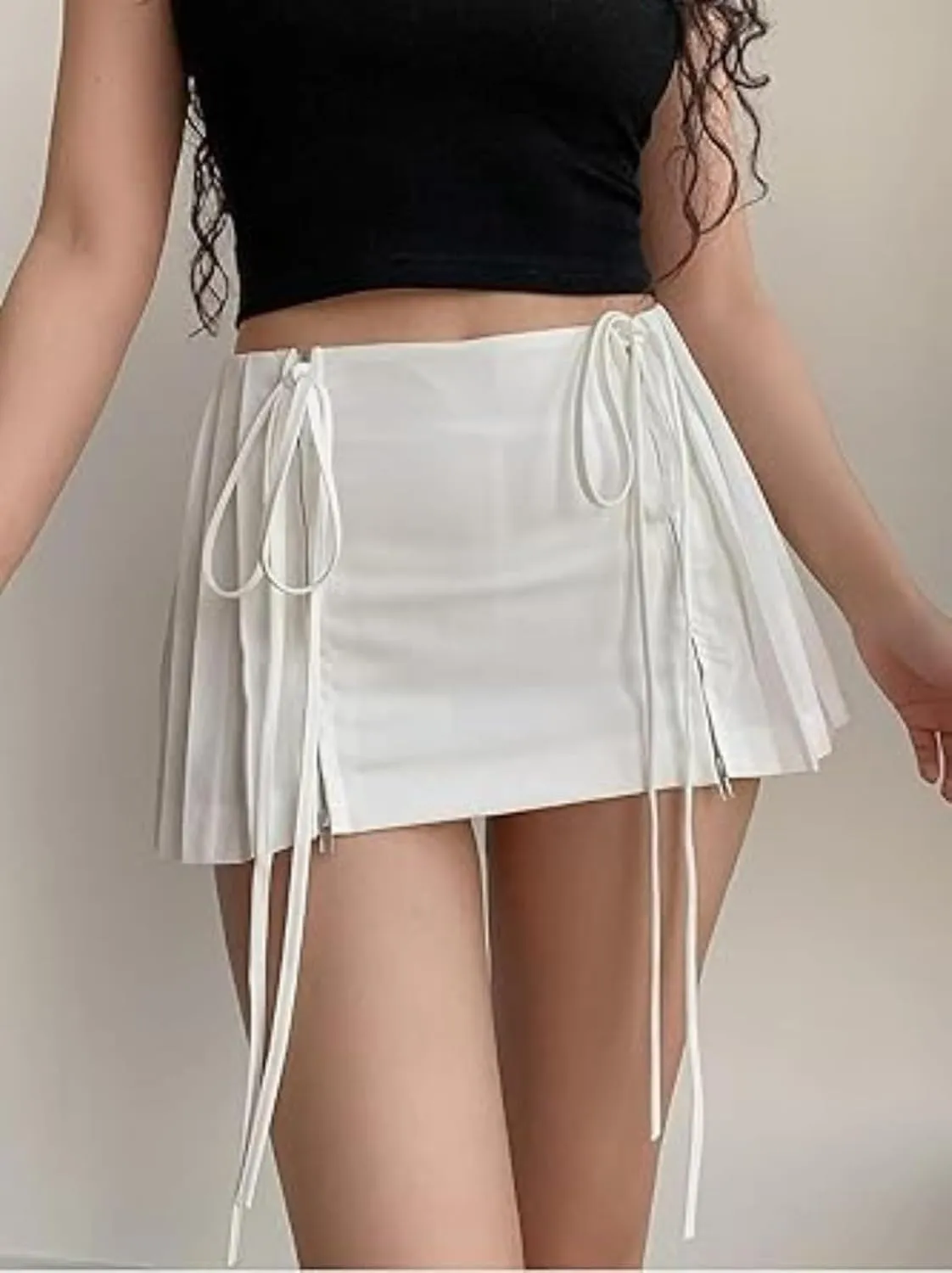 Women's Mini Skirt Lace Bow Pleated Zip Up Y2k Fairy Bodycon Skirt Sexy Streetwear Club Dress Harajuku Goth