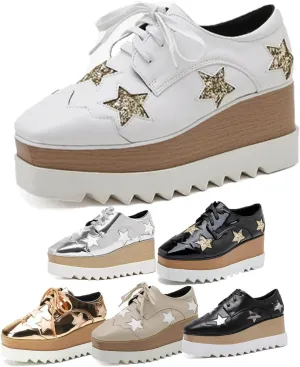 Women's Platform Chunky Sneakers Fashion Star Glitter Sparkly Wedge Walking Shoes High Heel Casual Shiny Thick Sole Footwear Women's High Platform Square Toe Trainers Lace-Up Wedge Heelshoes