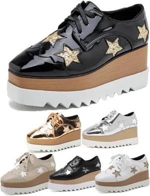 Women's Platform Chunky Sneakers Fashion Star Glitter Sparkly Wedge Walking Shoes High Heel Casual Shiny Thick Sole Footwear Women's High Platform Square Toe Trainers Lace-Up Wedge Heelshoes