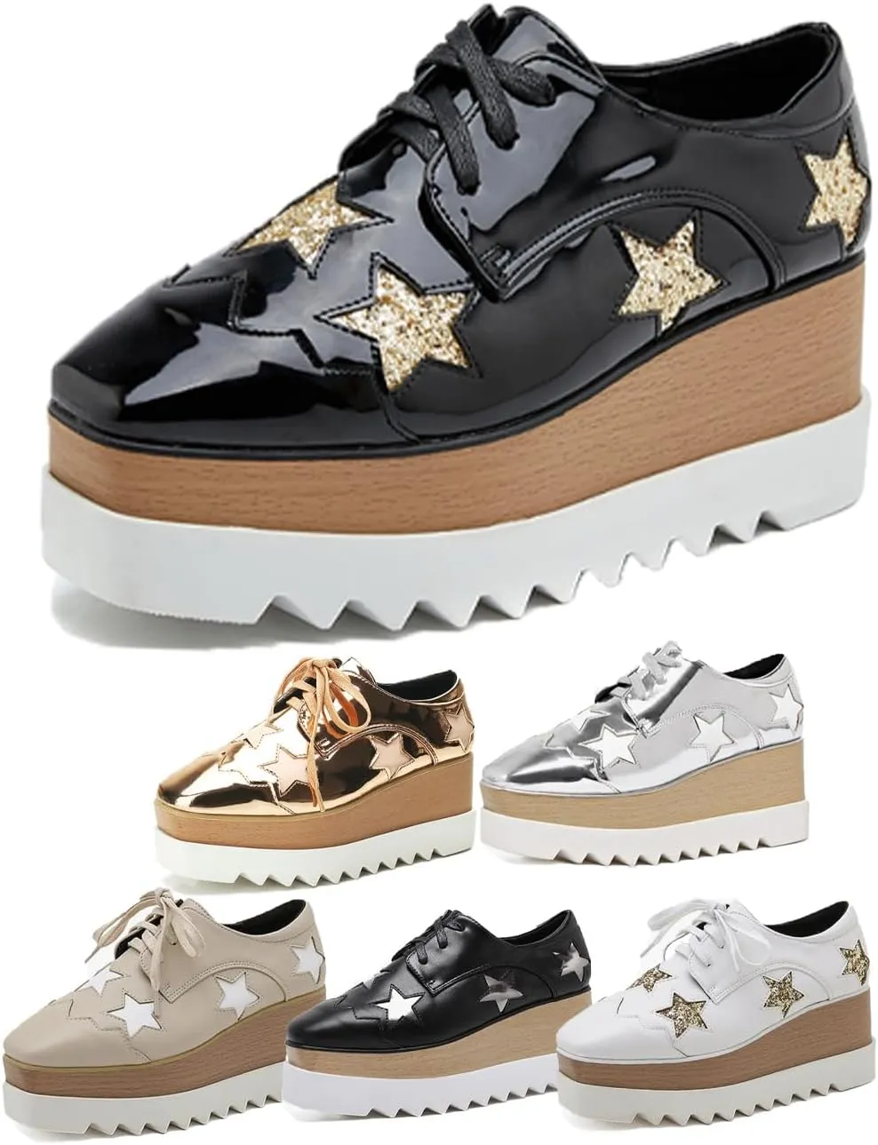 Women's Platform Chunky Sneakers Fashion Star Glitter Sparkly Wedge Walking Shoes High Heel Casual Shiny Thick Sole Footwear Women's High Platform Square Toe Trainers Lace-Up Wedge Heelshoes
