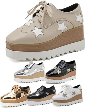 Women's Platform Chunky Sneakers Fashion Star Glitter Sparkly Wedge Walking Shoes High Heel Casual Shiny Thick Sole Footwear Women's High Platform Square Toe Trainers Lace-Up Wedge Heelshoes