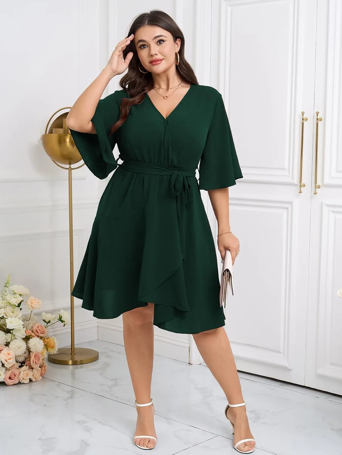 Women's Plus Size Dresses Summer Wrap V Neck Half Sleeve Waist Belt Casual Work Evening Flowy Short Mini Dress