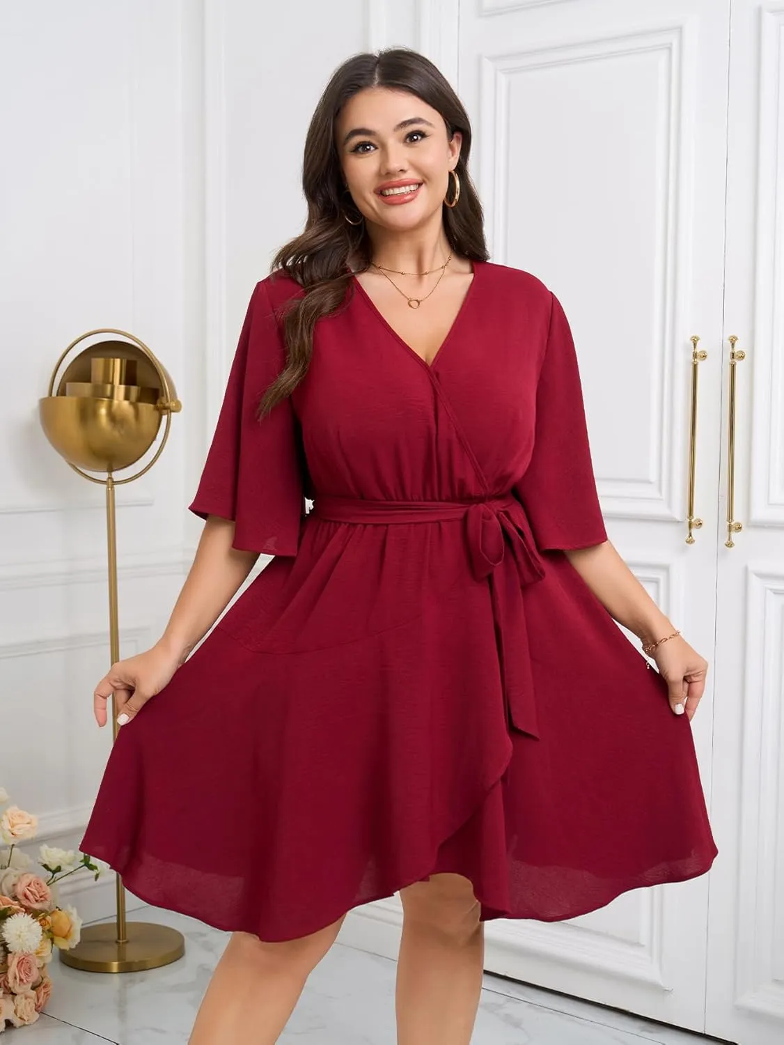 Women's Plus Size Dresses Summer Wrap V Neck Half Sleeve Waist Belt Casual Work Evening Flowy Short Mini Dress