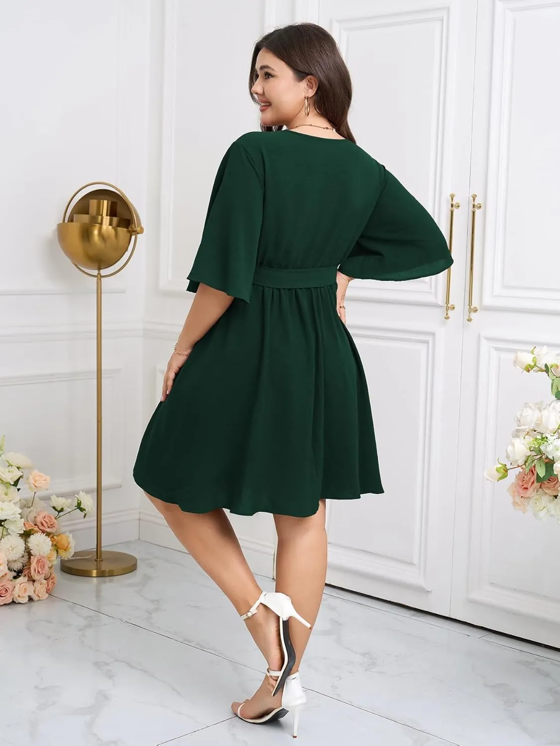 Women's Plus Size Dresses Summer Wrap V Neck Half Sleeve Waist Belt Casual Work Evening Flowy Short Mini Dress