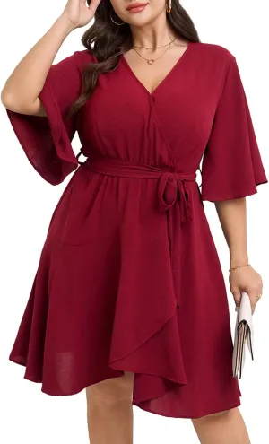 Women's Plus Size Dresses Summer Wrap V Neck Half Sleeve Waist Belt Casual Work Evening Flowy Short Mini Dress