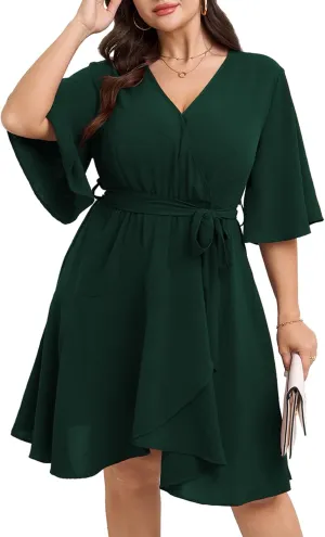 Women's Plus Size Dresses Summer Wrap V Neck Half Sleeve Waist Belt Casual Work Evening Flowy Short Mini Dress