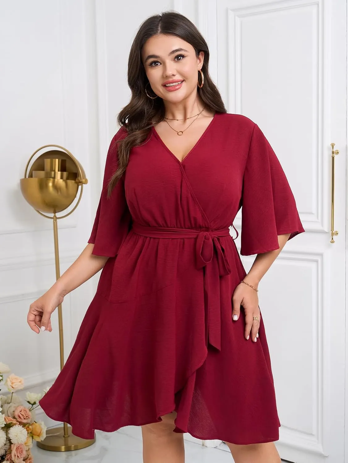 Women's Plus Size Dresses Summer Wrap V Neck Half Sleeve Waist Belt Casual Work Evening Flowy Short Mini Dress
