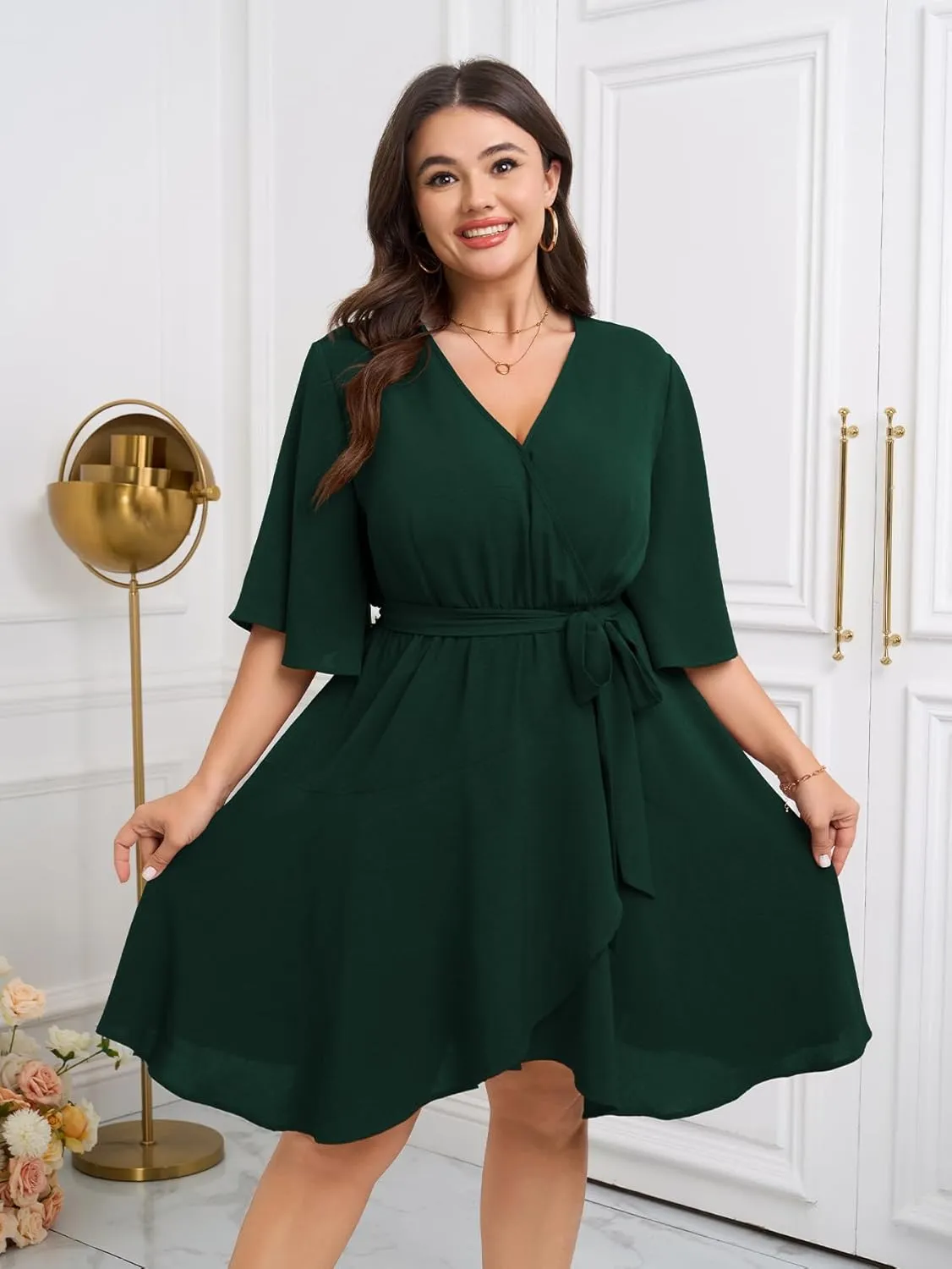 Women's Plus Size Dresses Summer Wrap V Neck Half Sleeve Waist Belt Casual Work Evening Flowy Short Mini Dress