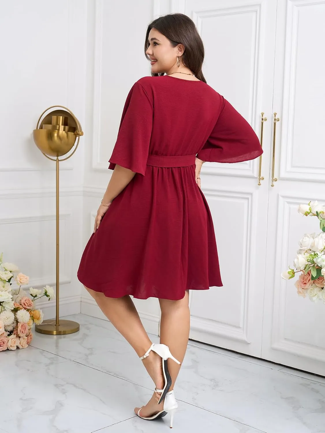 Women's Plus Size Dresses Summer Wrap V Neck Half Sleeve Waist Belt Casual Work Evening Flowy Short Mini Dress