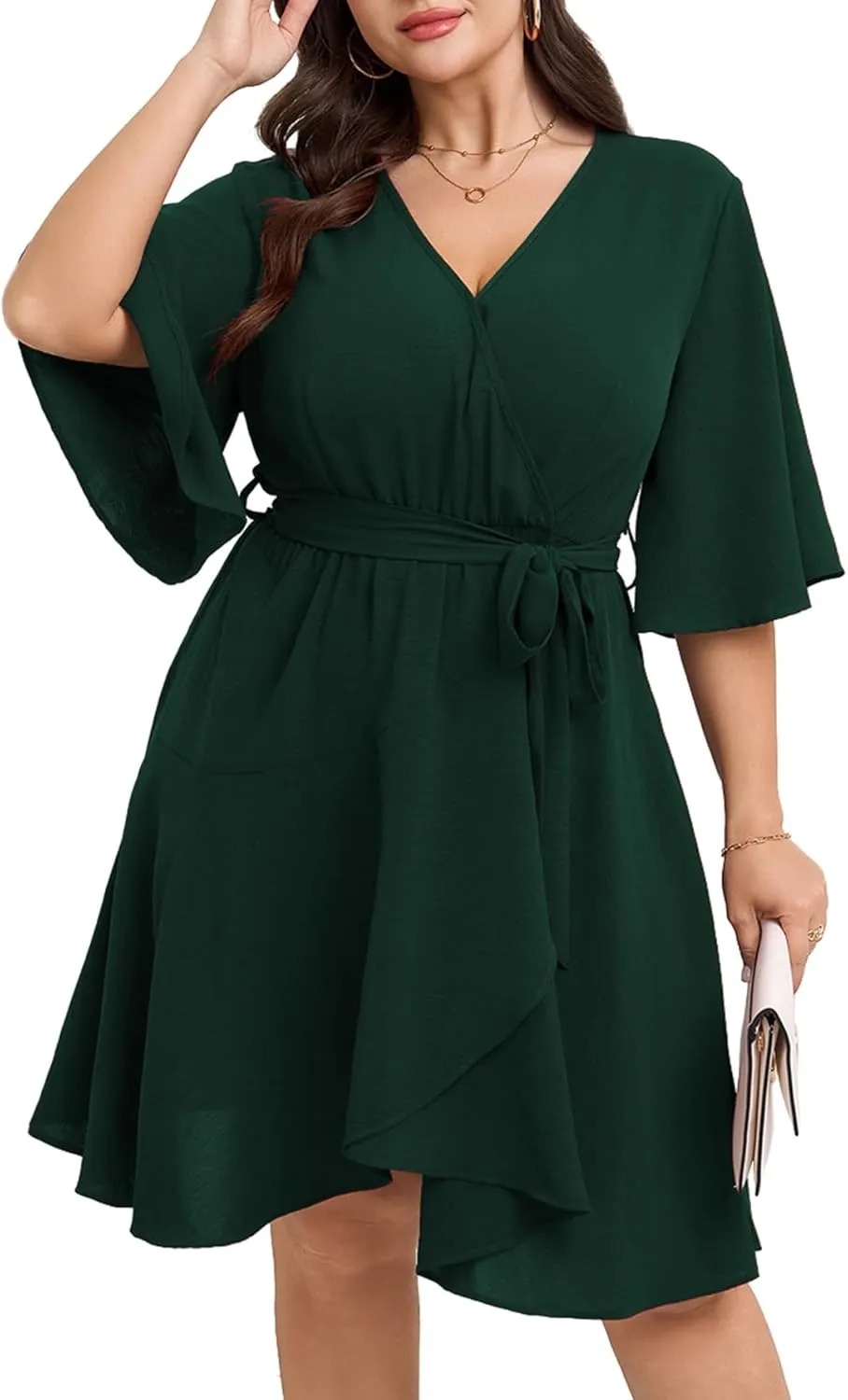 Women's Plus Size Dresses Summer Wrap V Neck Half Sleeve Waist Belt Casual Work Evening Flowy Short Mini Dress