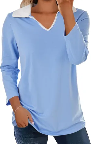 Womens Polo Shirts Fall Collared 3/4 Sleeve Tops Color Block Work Casual Blouses