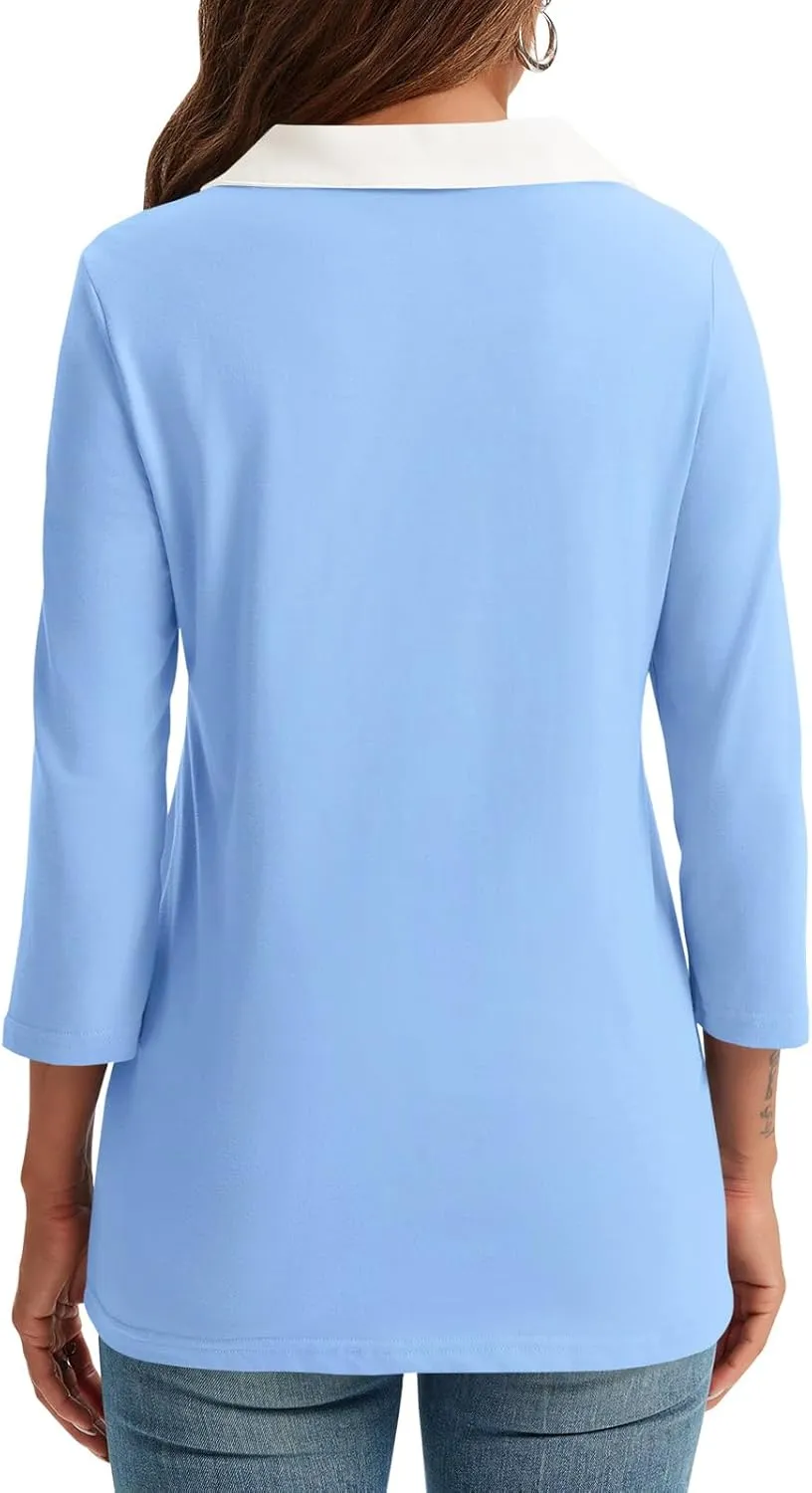 Womens Polo Shirts Fall Collared 3/4 Sleeve Tops Color Block Work Casual Blouses