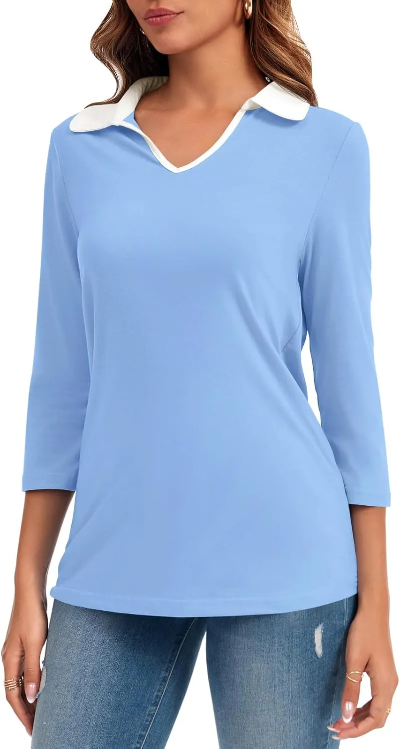 Womens Polo Shirts Fall Collared 3/4 Sleeve Tops Color Block Work Casual Blouses