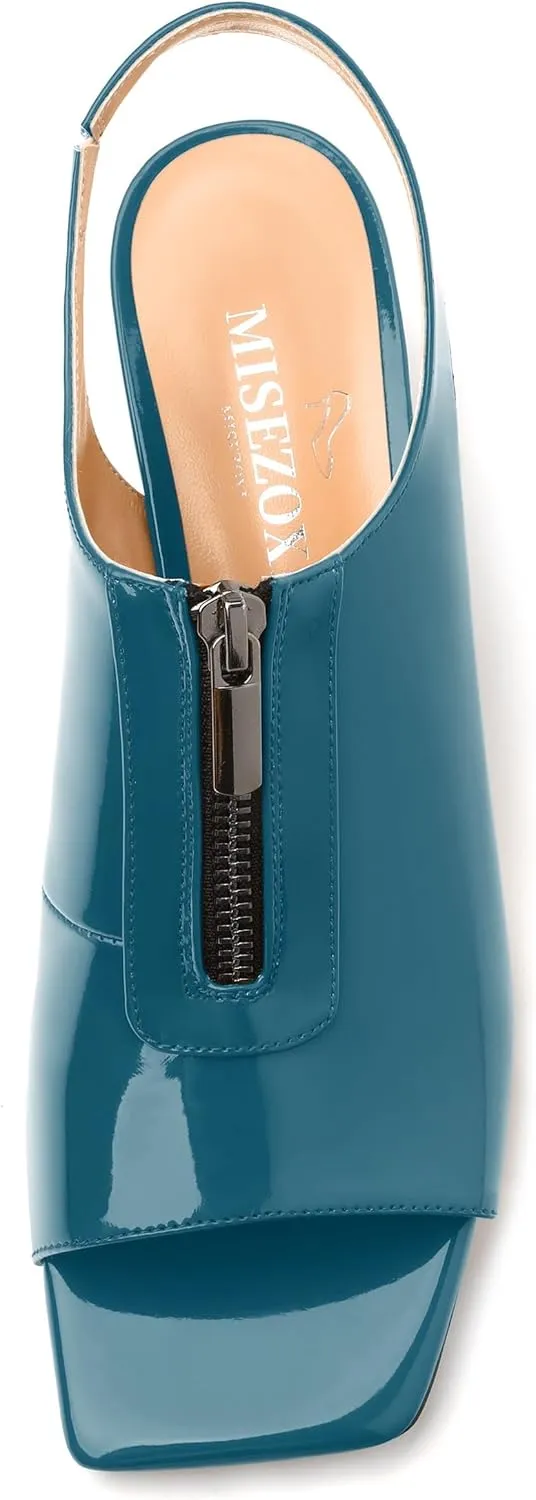 Womens Pumps, Square Peep Toe Mid Block Heel Slingback Pumps for Women, Open Toe Backless Pumps with Front Zipper 2
