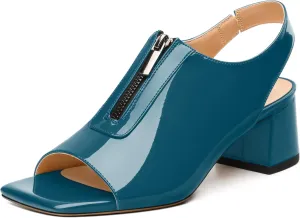 Womens Pumps, Square Peep Toe Mid Block Heel Slingback Pumps for Women, Open Toe Backless Pumps with Front Zipper 2