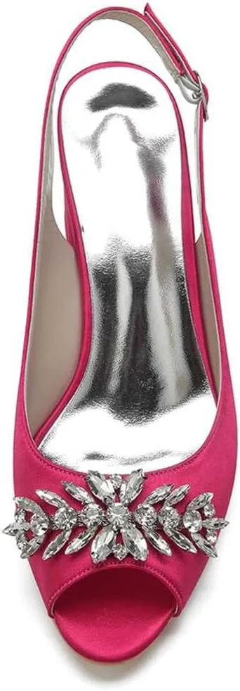 Women's Rhinestone Block Heel Sandals - Buckle Peep Toe High Heels for Bride, Bridesmaids, Weddings & Dressy Occasions