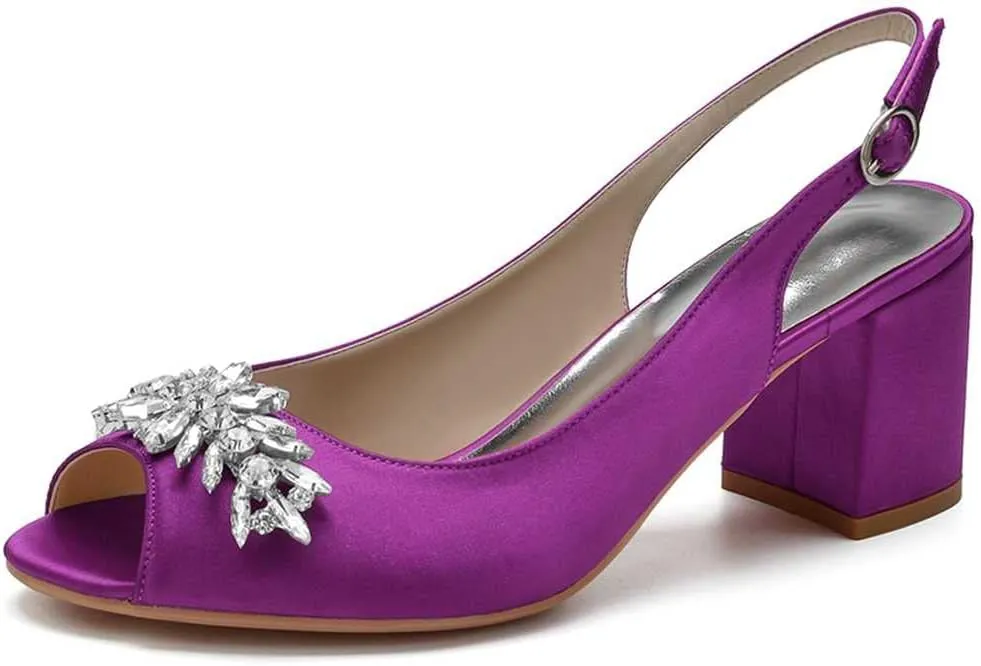 Women's Rhinestone Block Heel Sandals - Buckle Peep Toe High Heels for Bride, Bridesmaids, Weddings & Dressy Occasions