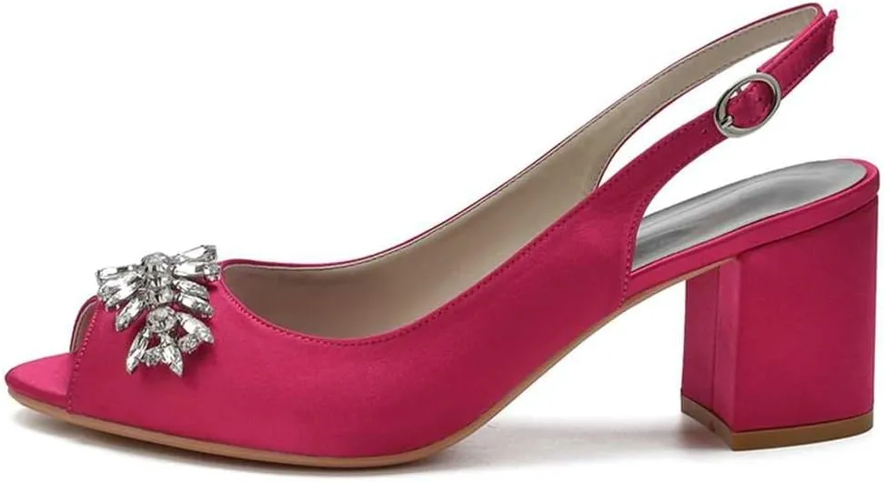Women's Rhinestone Block Heel Sandals - Buckle Peep Toe High Heels for Bride, Bridesmaids, Weddings & Dressy Occasions
