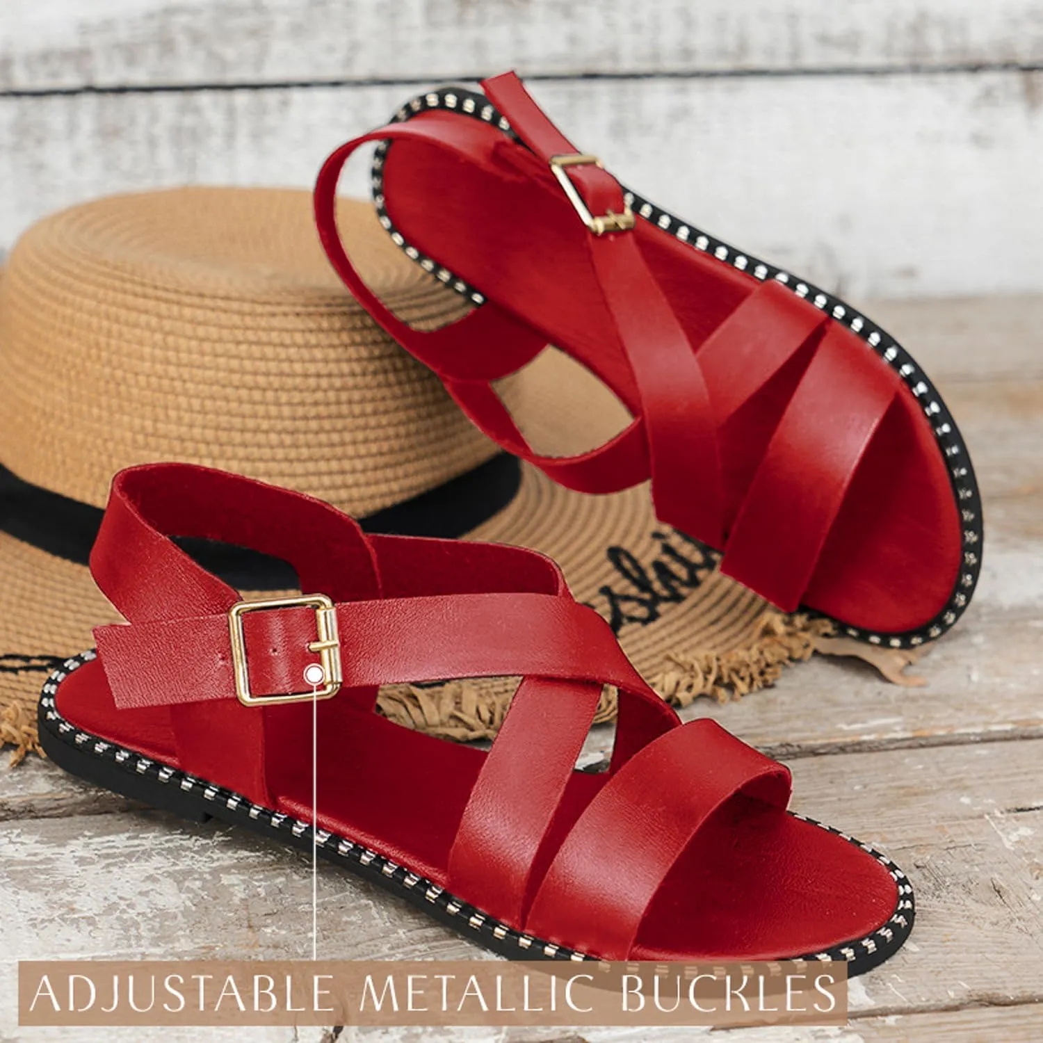 Womens Sandals Comfortable Wide Leather Crisscross Summer Square Toe Flat Slide Sandals