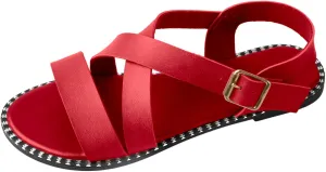 Womens Sandals Comfortable Wide Leather Crisscross Summer Square Toe Flat Slide Sandals
