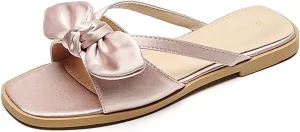 Women's Satin Bow Flat Slides Sandals Fashion Comfortable Square Open Toe Slip On Low-heeled Mules Nude Summer Dressy Fashion Evening Party Wedding Sandals