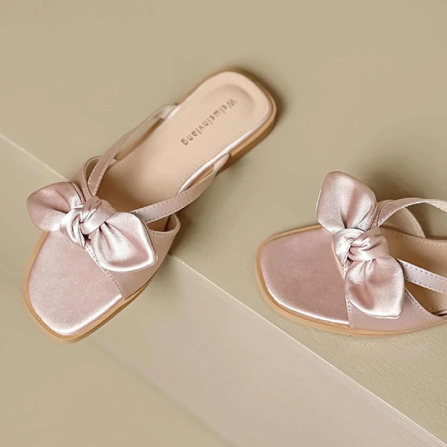 Women's Satin Bow Flat Slides Sandals Fashion Comfortable Square Open Toe Slip On Low-heeled Mules Nude Summer Dressy Fashion Evening Party Wedding Sandals