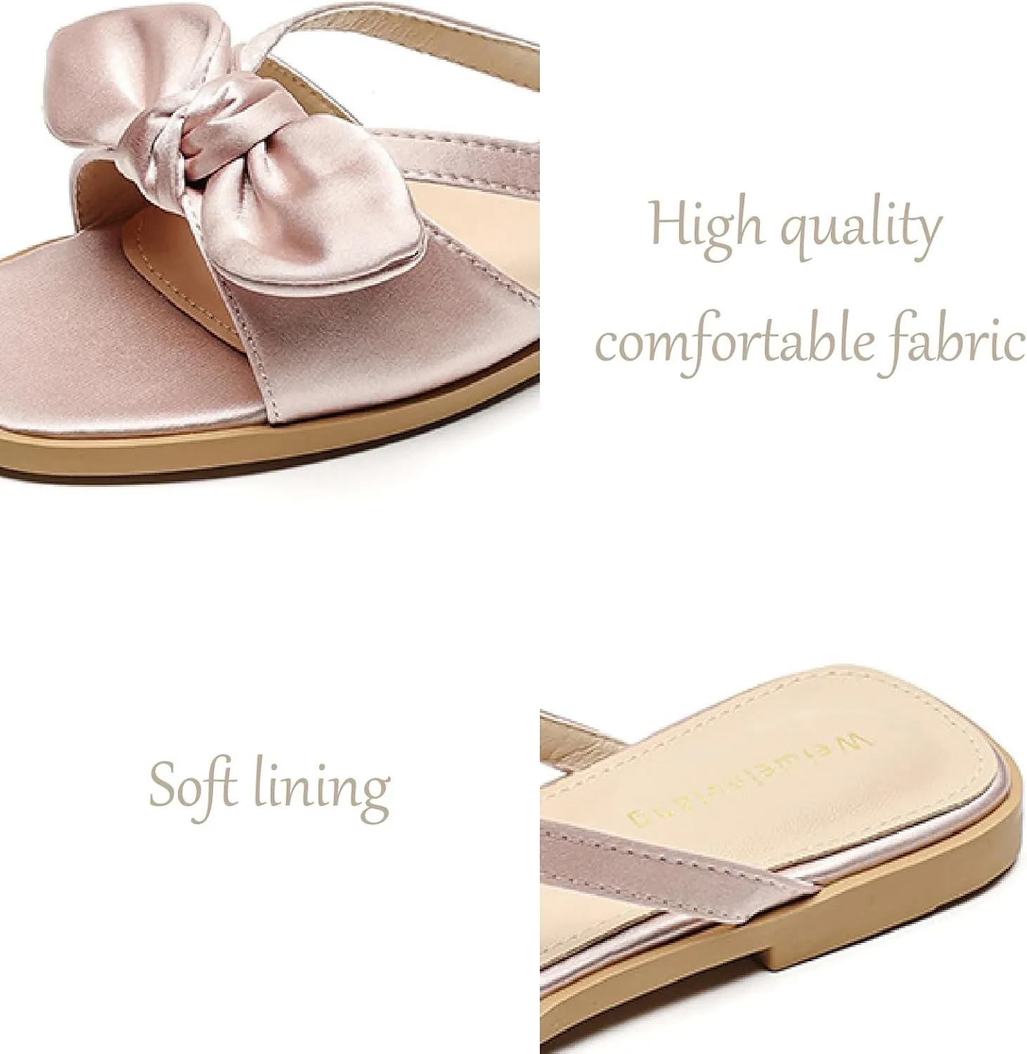 Women's Satin Bow Flat Slides Sandals Fashion Comfortable Square Open Toe Slip On Low-heeled Mules Nude Summer Dressy Fashion Evening Party Wedding Sandals