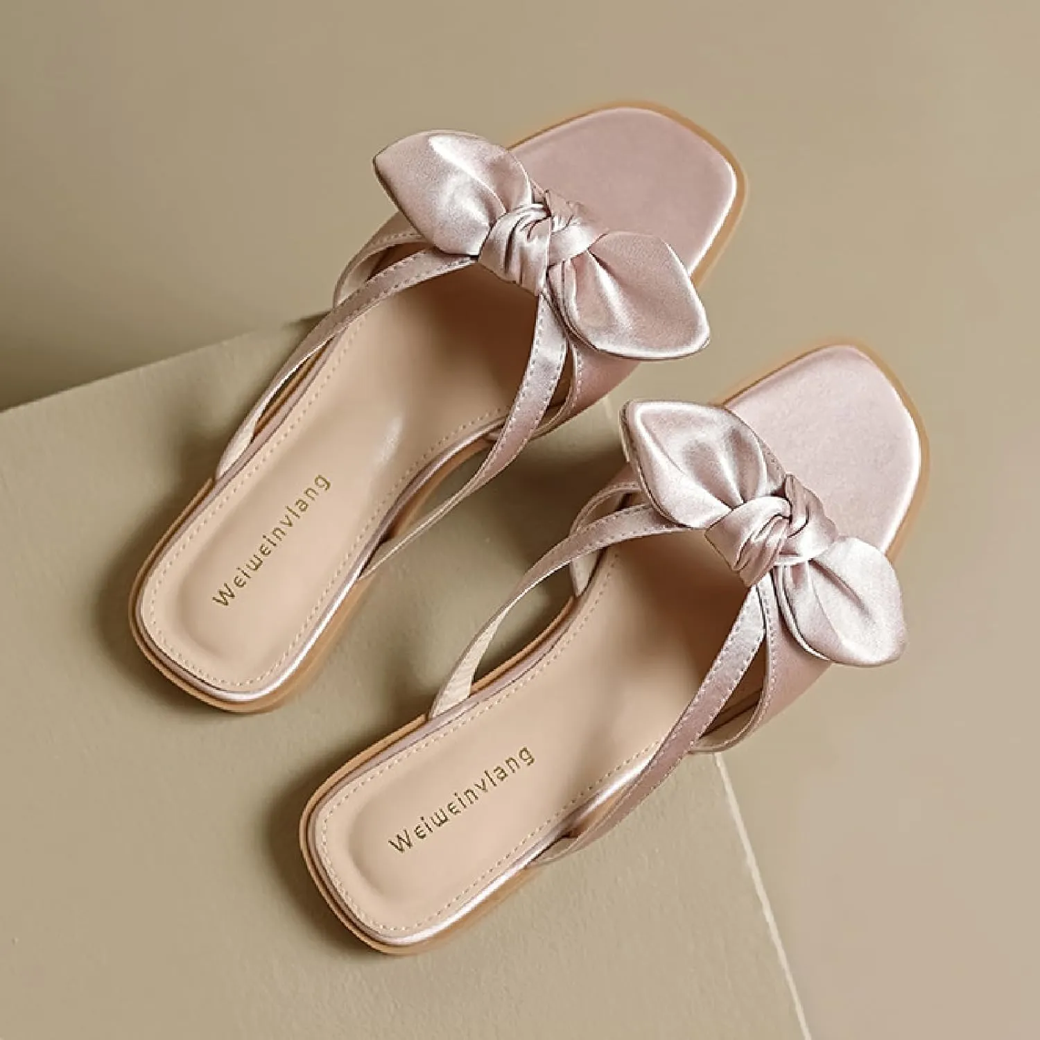 Women's Satin Bow Flat Slides Sandals Fashion Comfortable Square Open Toe Slip On Low-heeled Mules Nude Summer Dressy Fashion Evening Party Wedding Sandals