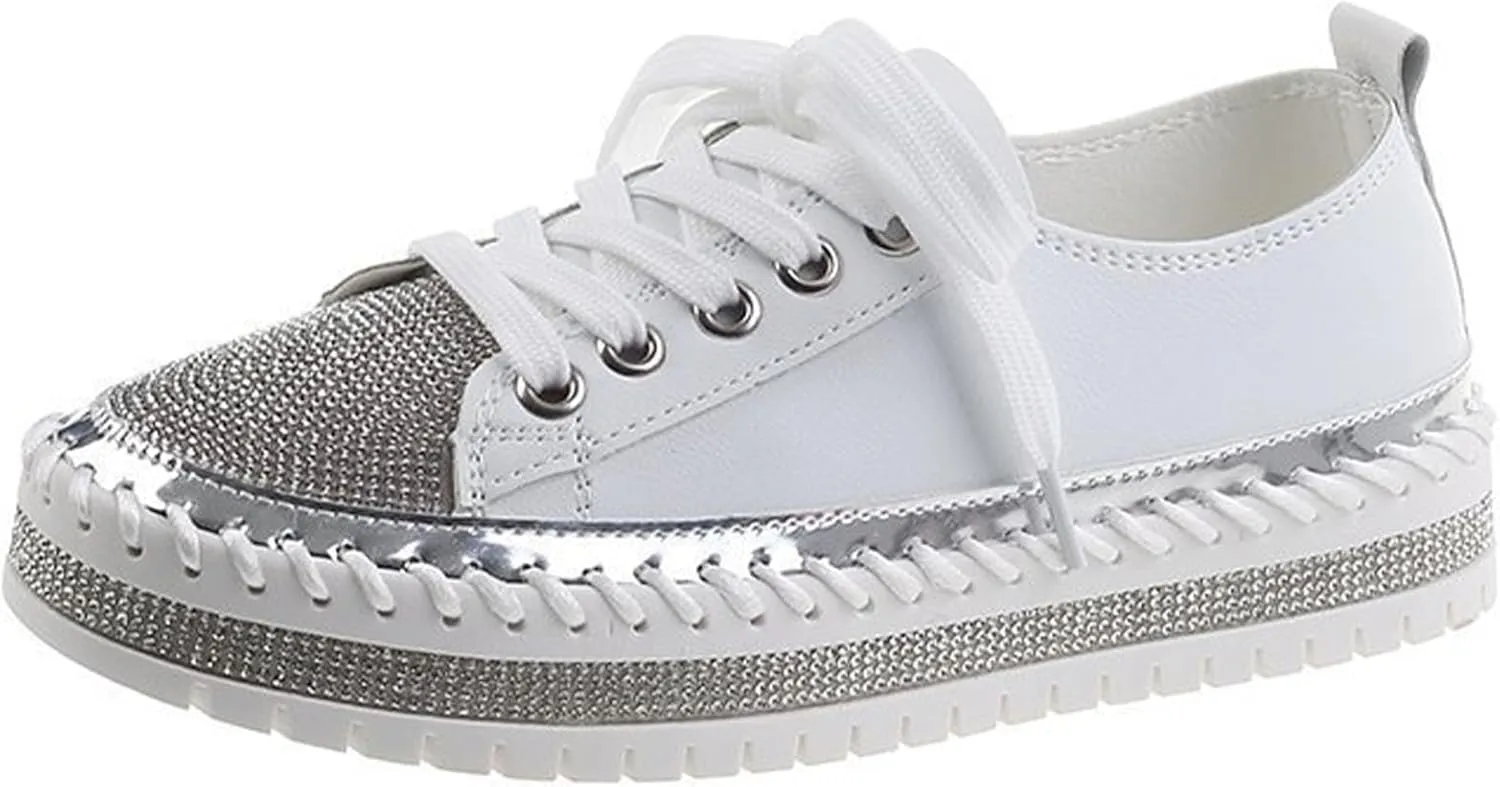 Women's Sequins Diamonds Flat Lace Up Fashion Sneakers Comfortable Shiny Dazzling Wedding Bridal Fashion Walking Shoes