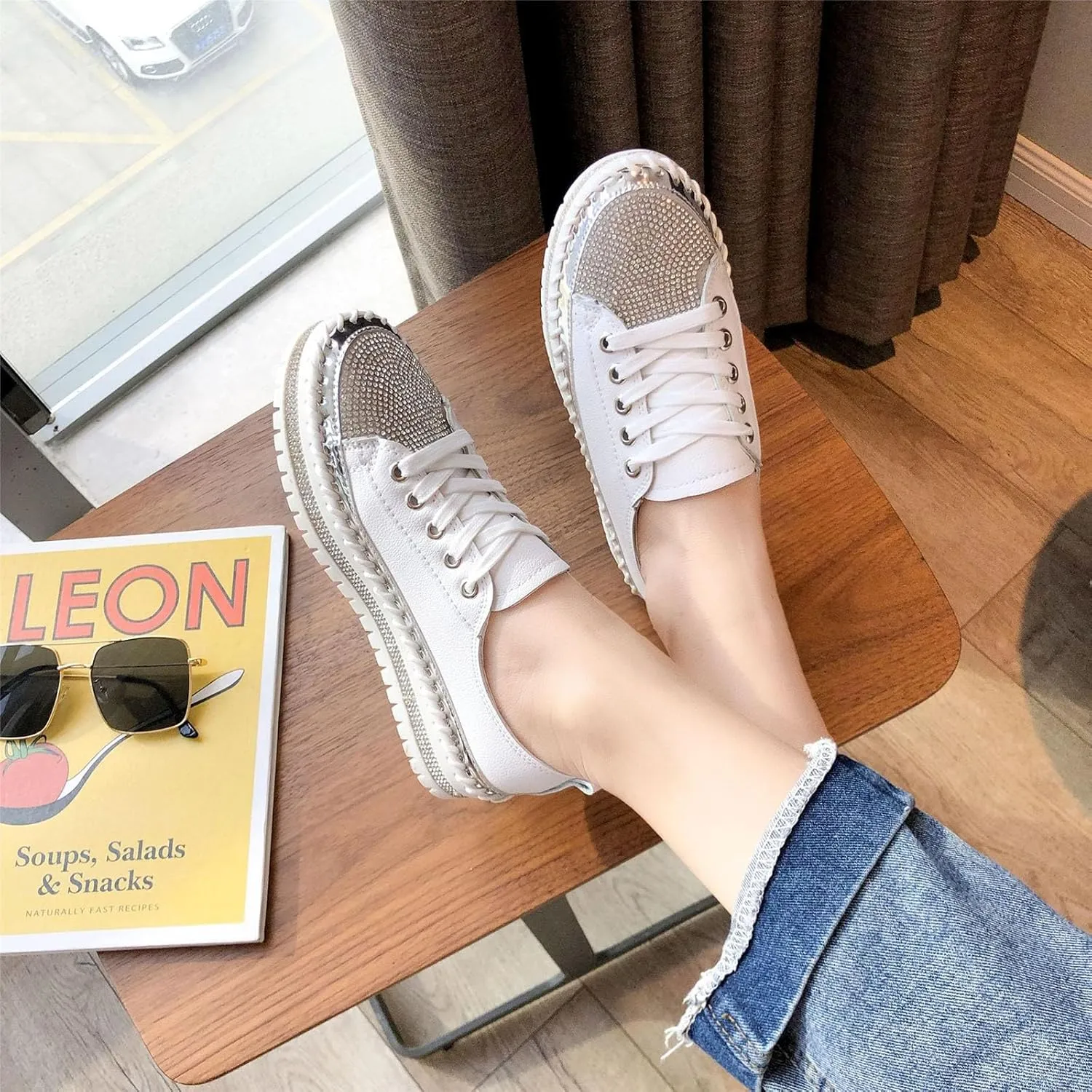 Women's Sequins Diamonds Flat Lace Up Fashion Sneakers Comfortable Shiny Dazzling Wedding Bridal Fashion Walking Shoes
