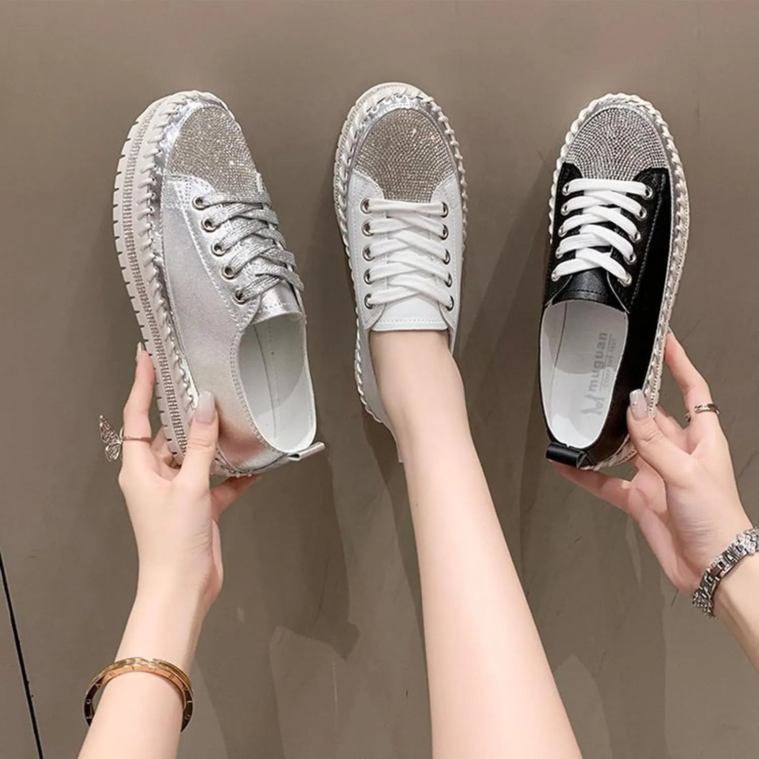 Women's Sequins Diamonds Flat Lace Up Fashion Sneakers Comfortable Shiny Dazzling Wedding Bridal Fashion Walking Shoes