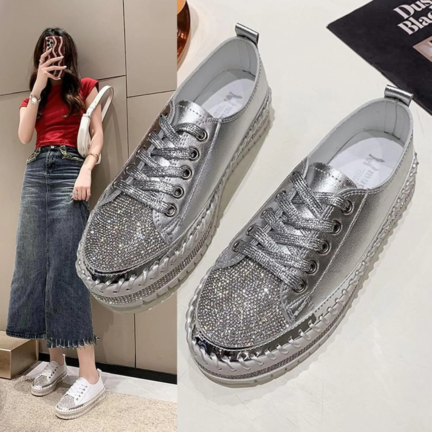 Women's Sequins Diamonds Flat Lace Up Fashion Sneakers Comfortable Shiny Dazzling Wedding Bridal Fashion Walking Shoes