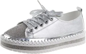 Women's Sequins Diamonds Flat Lace Up Fashion Sneakers Comfortable Shiny Dazzling Wedding Bridal Fashion Walking Shoes