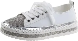 Women's Sequins Diamonds Flat Lace Up Fashion Sneakers Comfortable Shiny Dazzling Wedding Bridal Fashion Walking Shoes