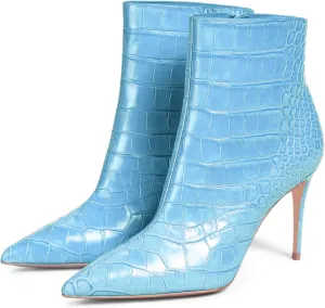 Women's Sexy Pointed Toe Stiletto Heel Ankle Boots Fashion Crocodile Embossed Side Zipper Work Casual Dress High Heel Booties for Women