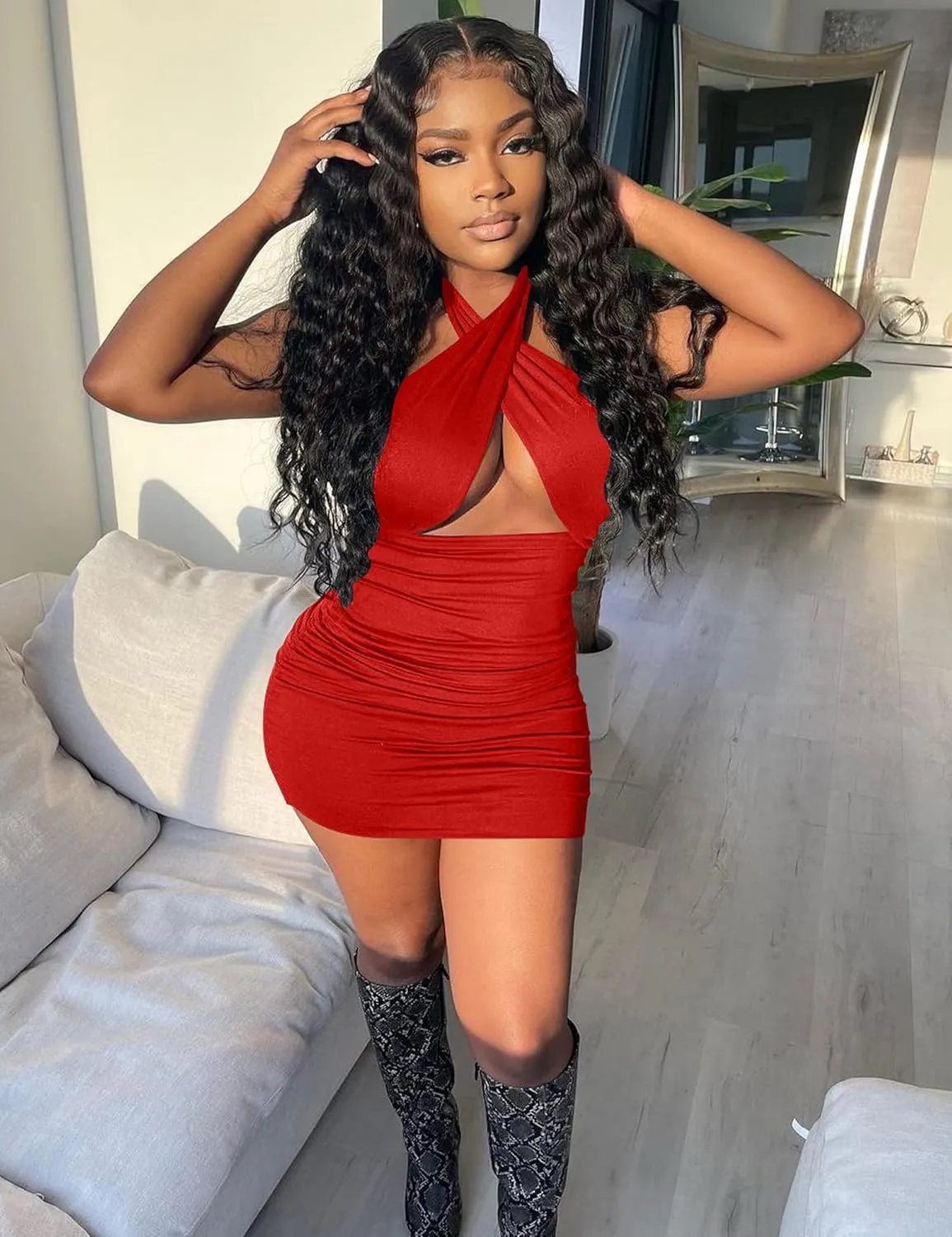 Women's Sexy Ruched Bodycon Halter Criss Cross Cut Out Backless Mini Club Party Dresses