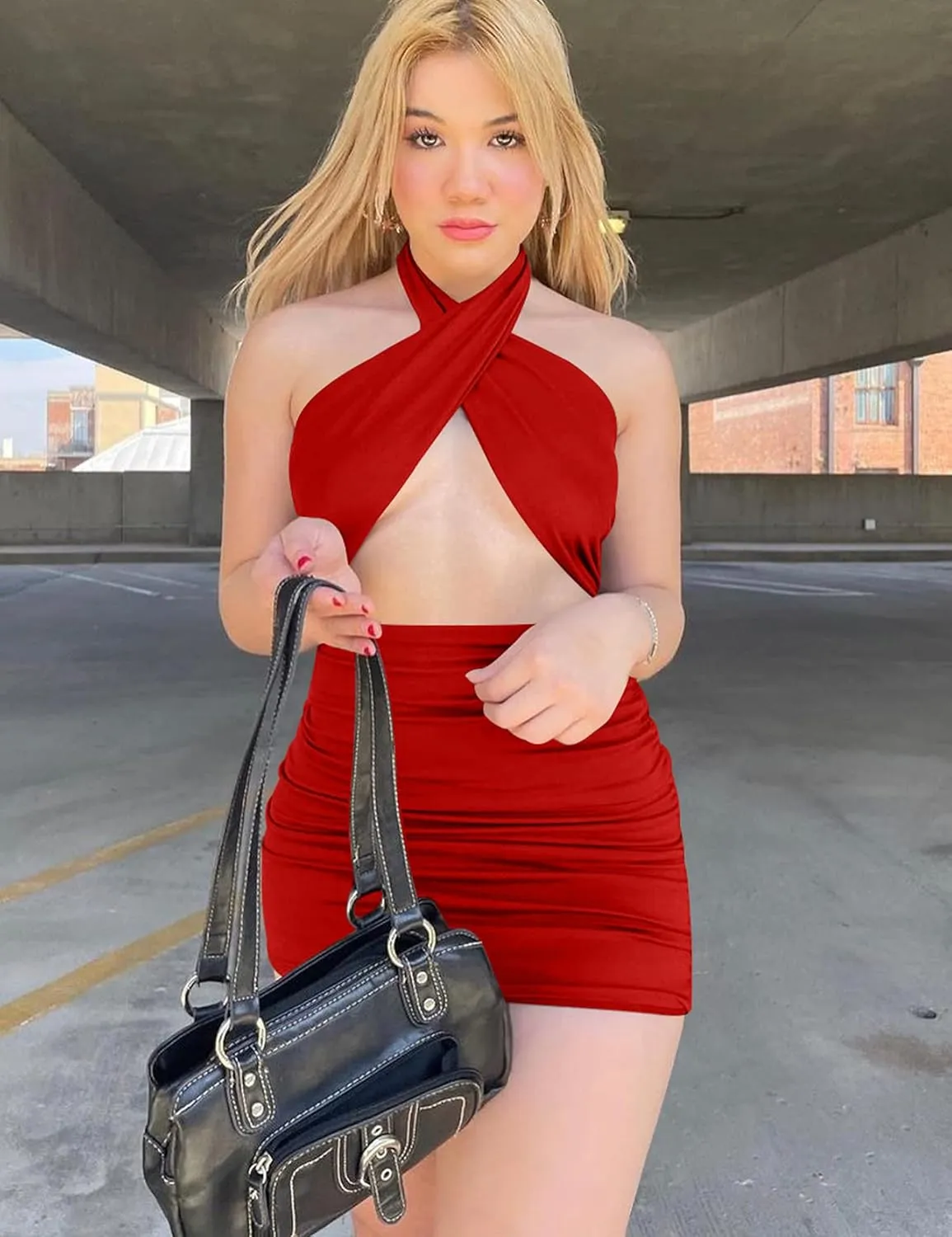 Women's Sexy Ruched Bodycon Halter Criss Cross Cut Out Backless Mini Club Party Dresses