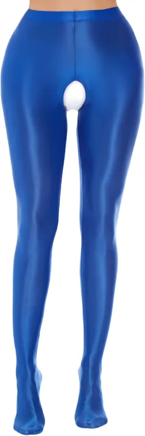 Women's Shiny High Waist Tights Glossy Opaque Oil Pantyhose Sexy Open Crotch Footed Yoga Leggings Pants