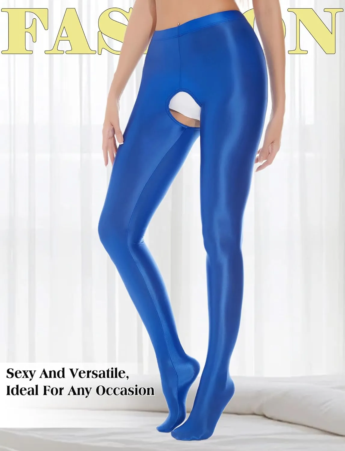 Women's Shiny High Waist Tights Glossy Opaque Oil Pantyhose Sexy Open Crotch Footed Yoga Leggings Pants